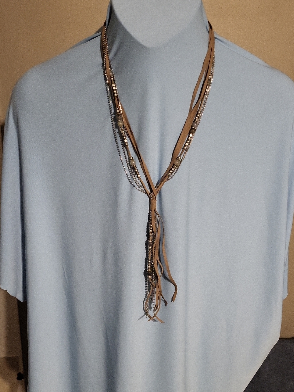 Layered Brown Beaded Leather Lariat Necklace